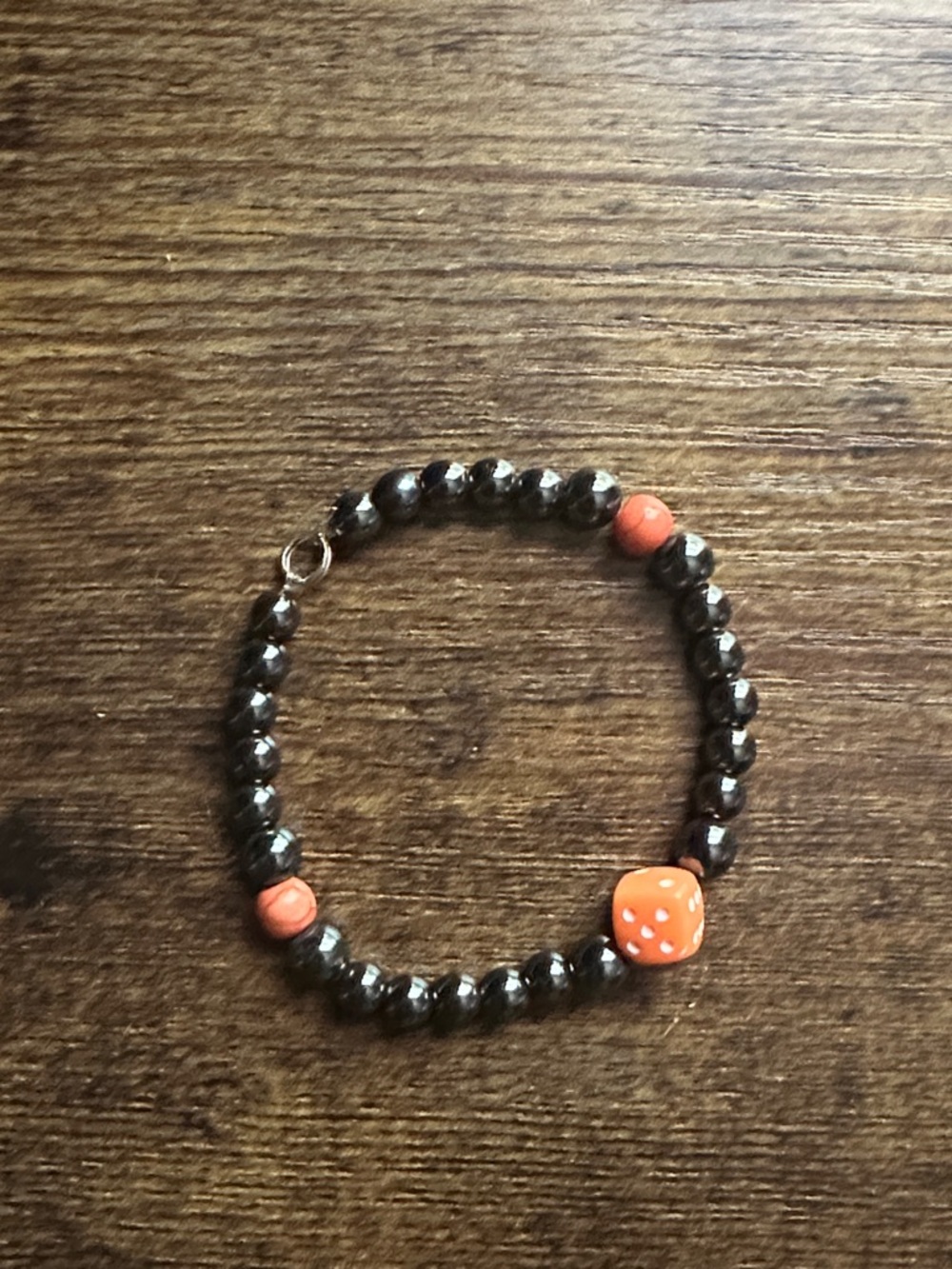 Beaded Bracelet with Black Hematite and Orange Accent Beads